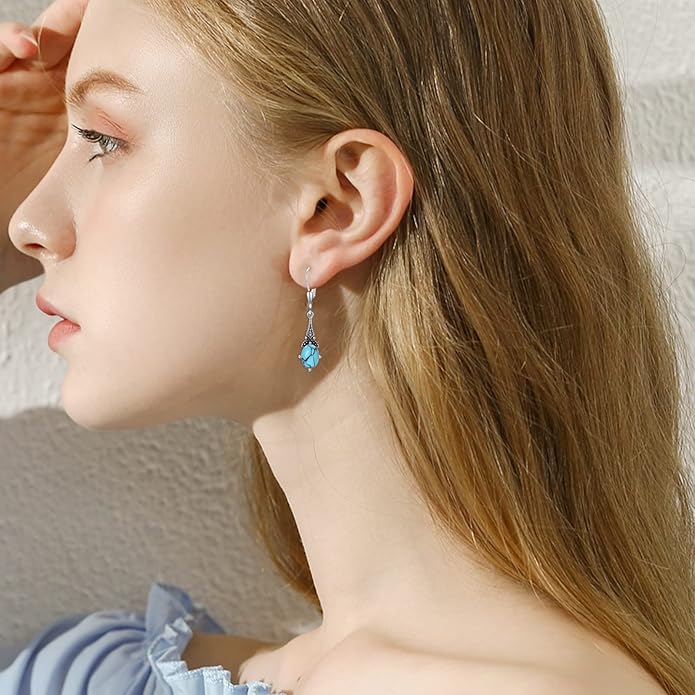 AOBOCO Vintage Earrings for Women Sterling Silver Retro Drop Dangle Leverback Earrings with 8x6mm Oval Genuine or Simulated Birthstone Crystal from Austria, Anniversary Jewelry Gifts for Her (Gift Box)