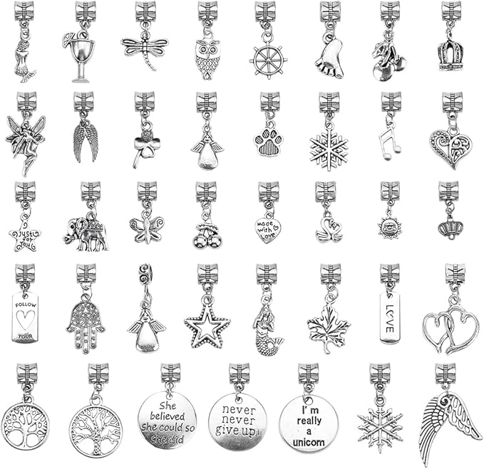 60 Pieces Assorted European Beads with Plating Silver Metal Alloy Rhinestone Large Hole Spacer Beads for DIY Charm Bracelet Jewelry Making (Alloy Pendant)