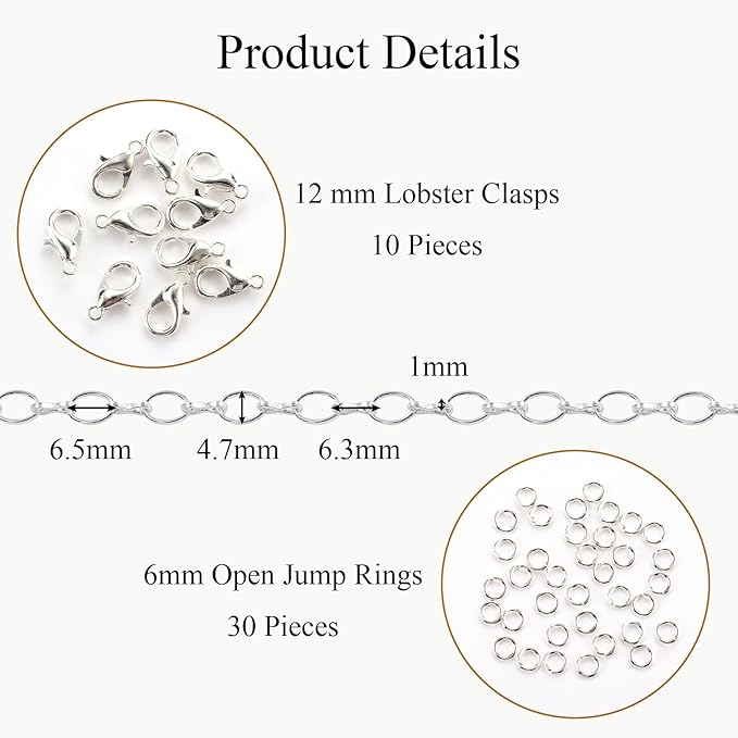 Jabogrii 16.4 Feet Silver Rolo Chain for Jewelry Making Metal Chain Bulk with Lobster Clasps and Jump Rings