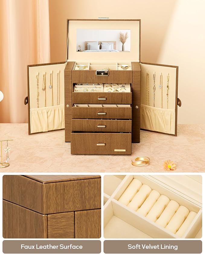 Homde Valentine's Day Gifts Synthetic Leather Huge Jewelry Box Mirrored Watch Organizer Necklace Ring Earring Storage Lockable Gift Case (Brown + Gold)