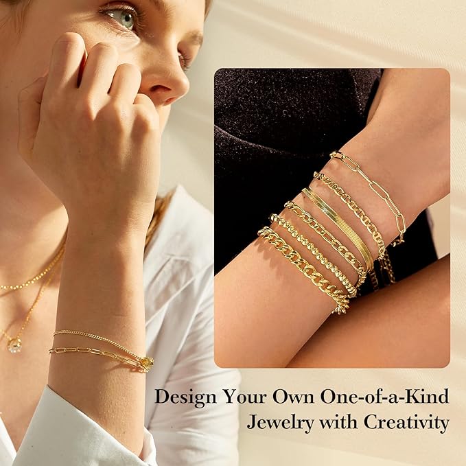 18k Gold Necklace Chains for Jewelry Making, 52.5 Feet 8 Rolls Bracelet Chains for DIY,6.5 Feet Each Style, Gold Plated Chain with Jump Rings/Lobster Clasps/Connectors