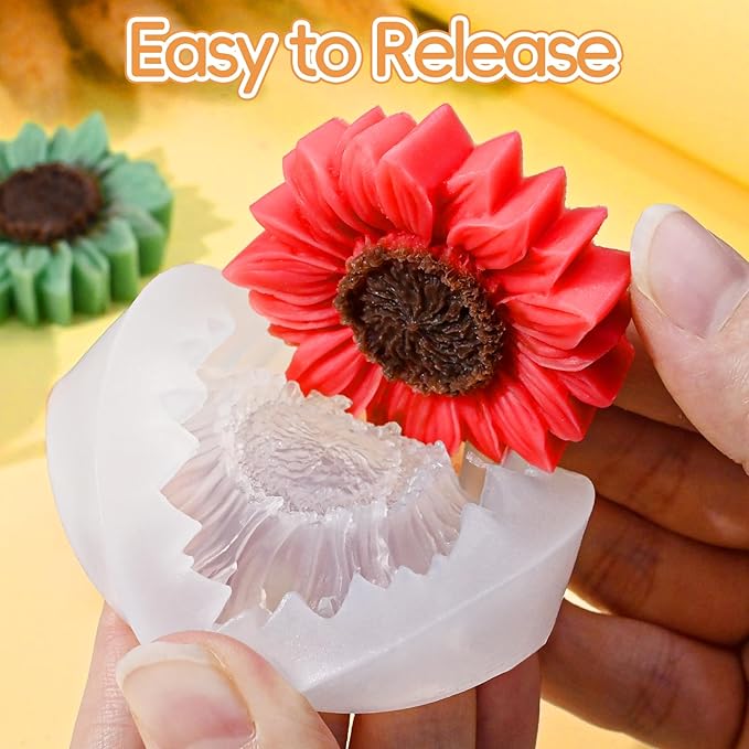 ZQYSING 4 Pcs Sunflower Candle Molds, 3D Flower Fondant Chocolate Cake Cupcake Topper Decoration Silicone Mold, DIY Tealight Candle Soap Wax Epoxy Resin Concrete Casting Polymer Clay Craft