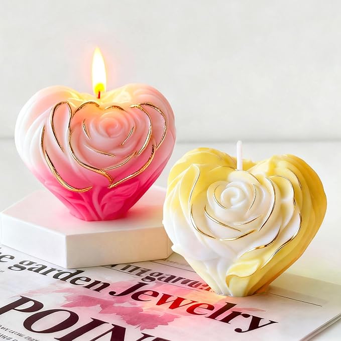ZQYSING Rsoe Candle Molds, 3D Heart Shaped Rose Flower Silicone Molds, Valentine's Day Heart Mold, DIY Aromatherapy Candle Clay Craft Soap Plaster Crafts Casting