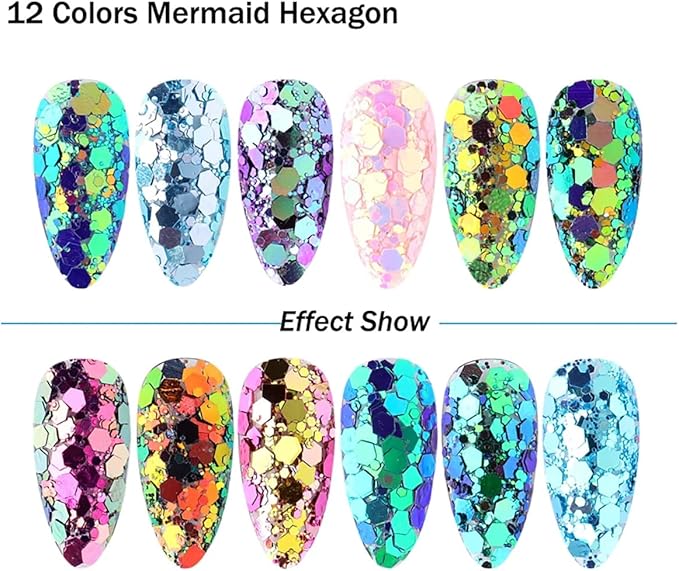 12 Grids Chameleon Nail Art Sequins Polygon Holographic Nail Supplies Bright Moving Nail Glitter Pattern Mermaid Nail Glitters Flakes Design 3D DIY Acrylic Nails for Women Manicure Powder Decorations
