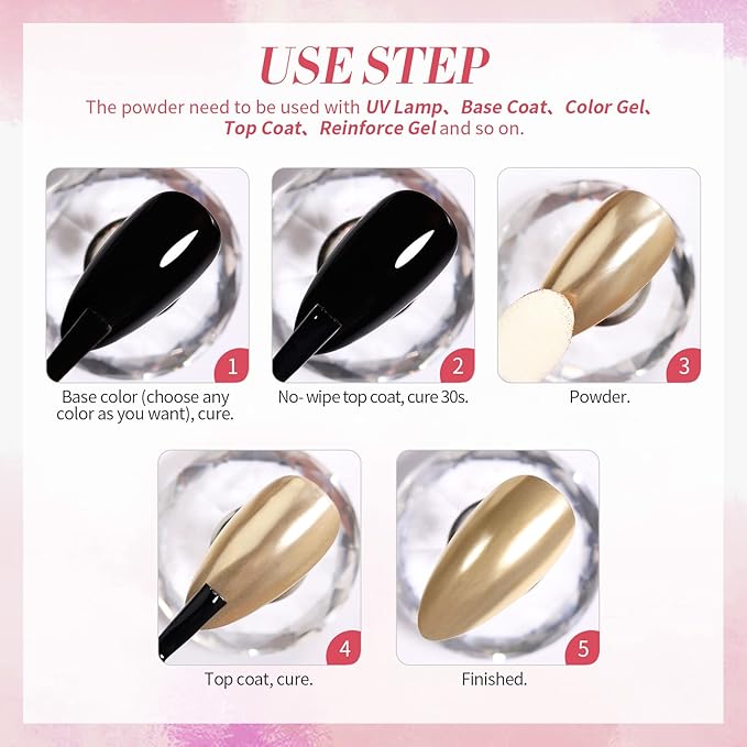 Born Pretty Chrome Nail Powder Metallic Mirror Powder Holographic Pigment Powder Manicure Nail Art Decoration Sets Silver Gold Pink Rose Gold 4 Boxes