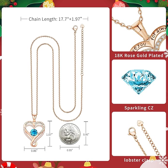 Infinity Love Heart Birthstone Necklace for Women Wife, S925 Sterling Silver Anniversary for Women Wife Birthday Gift for Her Girlfriend Mom Daughters, I Love You Women's Jewelry 18k Rose Gold Filled