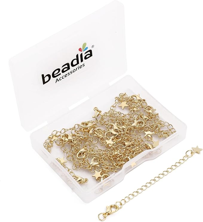 BEADIA 14K Gold Plated Extender Chains 75mm 20pcs Star Extension Tail Chains for Jewelry Making Findings