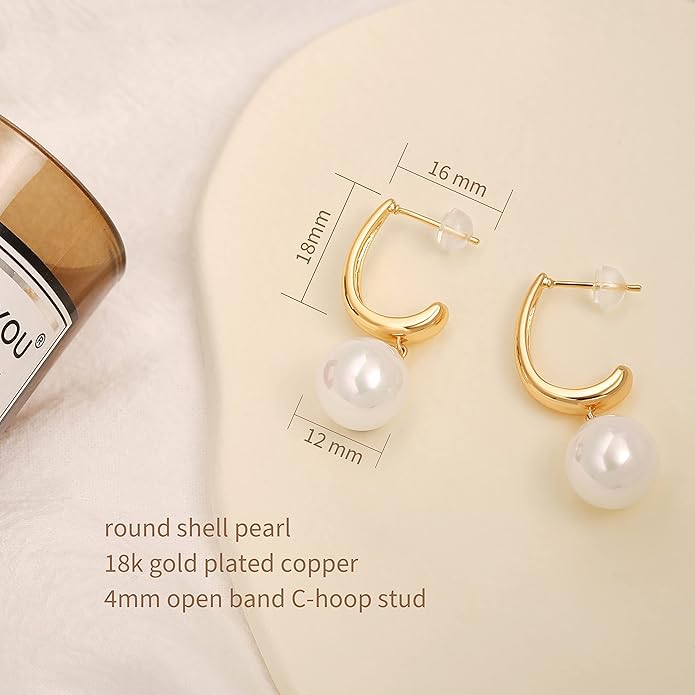 Gold Plated Huggie Hoop Earrings with Charms Fashion Pearl Drop Dangle Earrings for Women Handmade Karma Circle Jewelry for Ladies Lightweight Pearl Earrings on Christmas