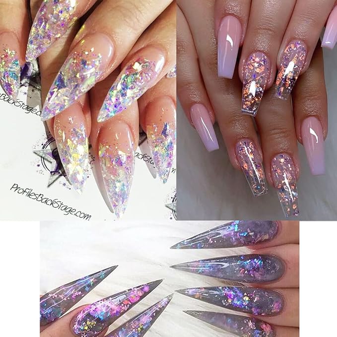 12 Colors Holographic Nail Art Glitter Sequins Iridescent Ice Slag Nail Glitter Flakes Irregular Mermaid Nail Sequins Colorful Fluorescent Glass Paper Nail Decoration for Face Hand Body Make-up DIY