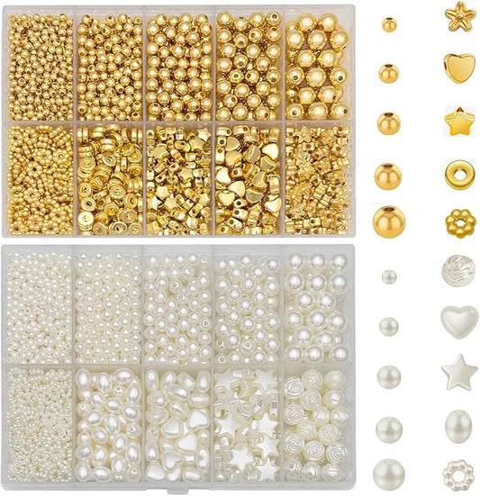2760pcs Pearl and Gold Round Spacer Beads Set 3/4/5/6/8mm 5 Size and 5 Styles Pearl and Gold Spacer Beads for Bracelets Jewelry Making Necklace Earring Making Supply