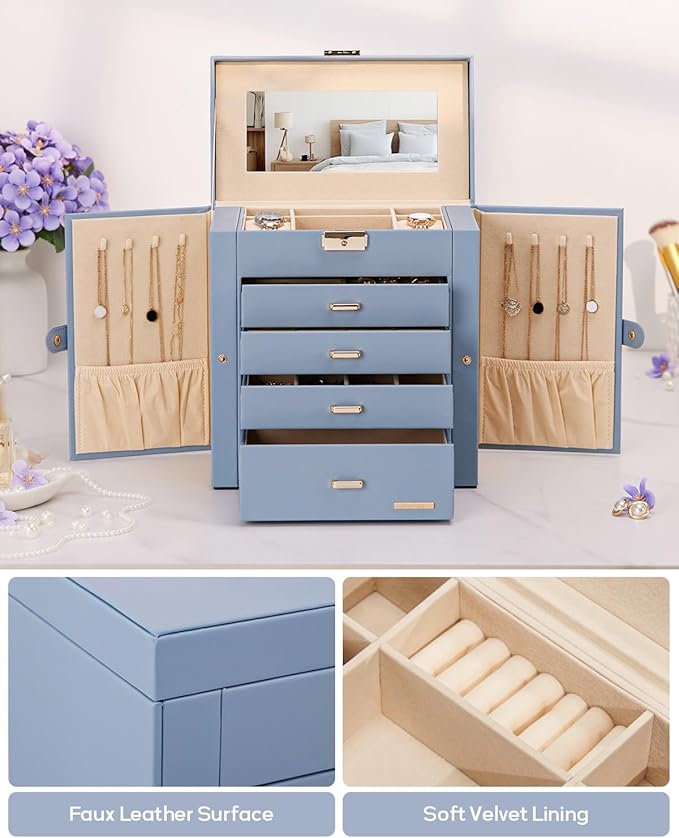 Homde Synthetic Leather Huge Jewelry Box Mirrored Watch Organizer Necklace Ring Earring Storage Lockable Gift Case (Grey Blue + Gold)