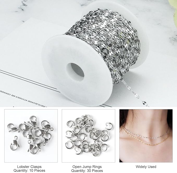 Kyutong Silver Necklace Chain for Jewelry Making Stainless Steel Cable Link Chain Bulk Thin Jewelry Making Supplies Chains with Lobster Clasps Jump Ring for Craft DIY Necklace Ankle Making