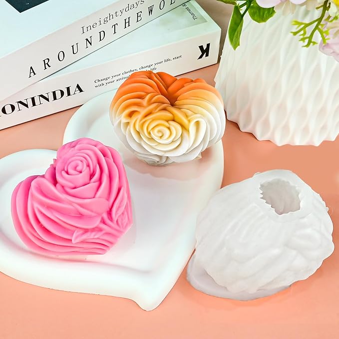 ZQYSING Rsoe Candle Molds, 3D Heart Shaped Rose Flower Silicone Molds, Valentine's Day Heart Mold, DIY Aromatherapy Candle Clay Craft Soap Plaster Crafts Casting