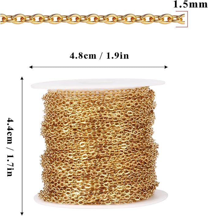 33 Feet 18K Gold PVD Plated Stainless Steel Cable Chain Bulk, 1.5mm 304 Stainless Steel Flat Cable Link Chains Roll Spool for Jewelry Making Necklace DIY Craft