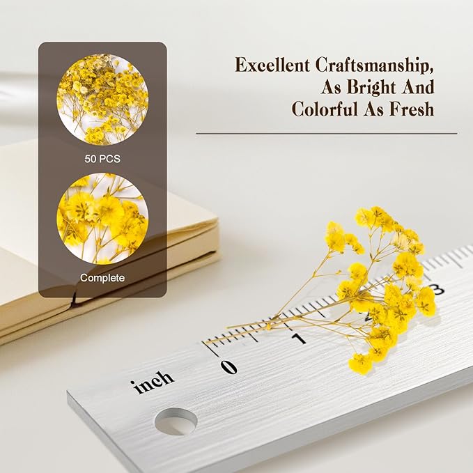 50 Pcs Baby's Breath Real Natural Dried Pressed Flowers for Wedding DIY Crafts Home Decor Resin Art Card Making Vase Arrangements (Yellow)