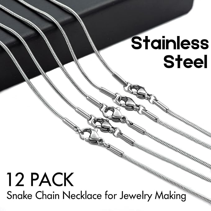 12 Pack Necklace Chains 16 Inches Stainless Steel Snake Chain Necklace with Lobster Clasps for DIY Jewelry Making, 1.2 mm