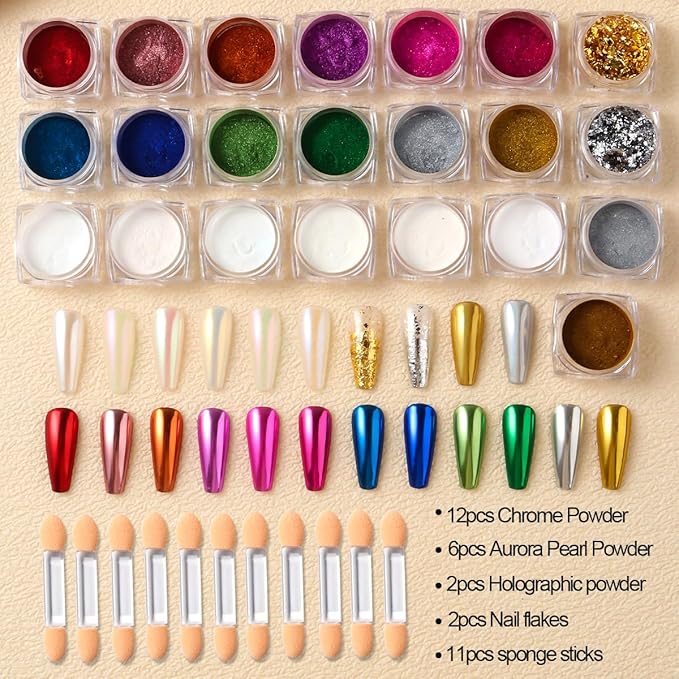22Jars Chrome Nail Powder Set, Holographic Metallic Mirror Effect Pigment Iridescent Aurora Pearl Dust Kit with Shiny Gold & Silver Glitter Foils Flakes for Manicure Decor, DIY Resin Craft