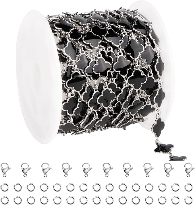 Stainless Steel Black Enamel Four Leaf Clover Chain 3 Meters 8mm Permanent Jewelry Chain Roll Bulk with Lobster Clasps Jump Rings