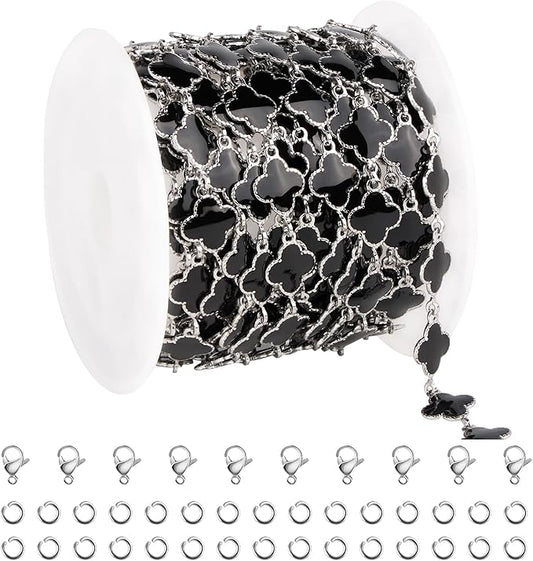 Stainless Steel Black Enamel Four Leaf Clover Chain 3 Meters 8mm Permanent Jewelry Chain Roll Bulk with Lobster Clasps Jump Rings