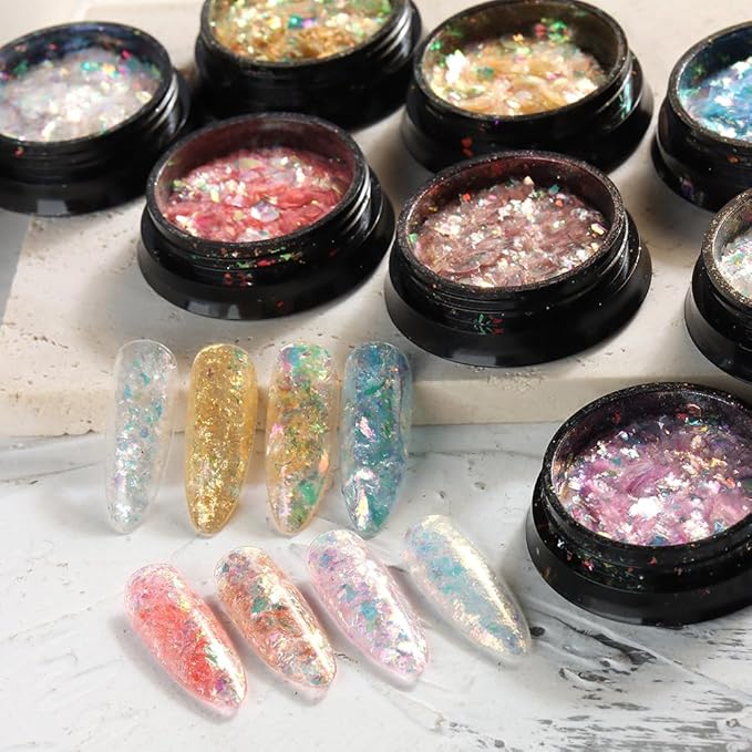 Holographic Mermaid Nail Art Glitter Iridescent Flakes, 8 Colors Aurora Irregular Ice Slag Opal Nail Foil Flakes Ultra-Thin Paillettes Glitter Sequins for Gel Polish Nail Art Decoration, Resin Craft