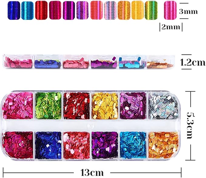 Laser Square Glitter Nail Art Sequins, Holographic 3D 12 Colors Glitter Flakes Design, Rectangle Shape Nail Shiny Supplies for Women Girls Manicure Powder Charms Decorations, DIY Resin Nail Art Tips
