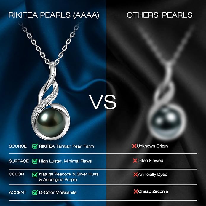 Genuine Tahitian Black Pearl Necklace - Christmas Gift for Wife Mom Daughter Girlfriend, Jewelry Gifts for Anniversary Wedding Birthday, 9-10mm Sea water Pearl with Sterling Silver Moissanite Pendant