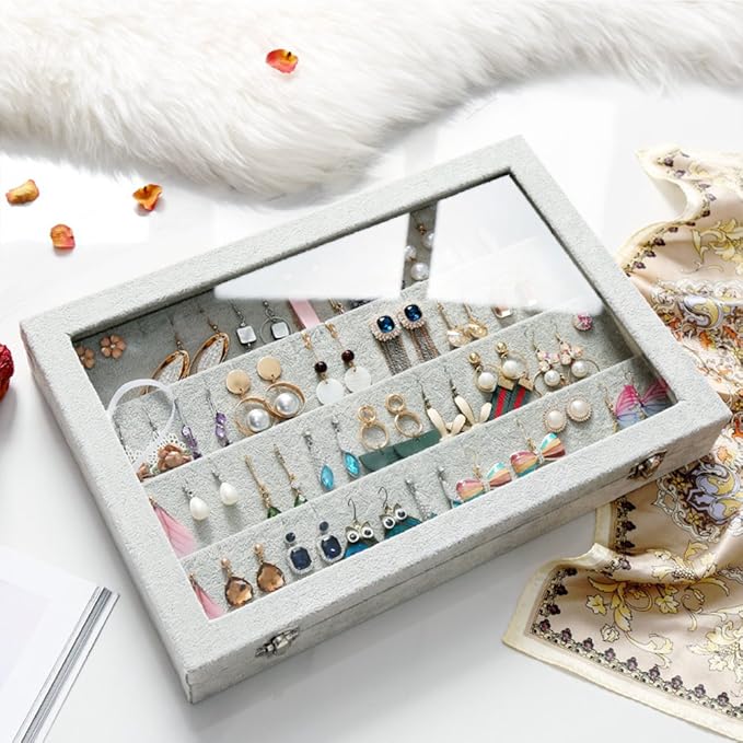 Wudygirl Velvet Jewelry Organizer Clear Lid Earring Holder Organizer 32 Pairs Earrings Storage Stud Tray Showcase Display Case（Earring Storage）