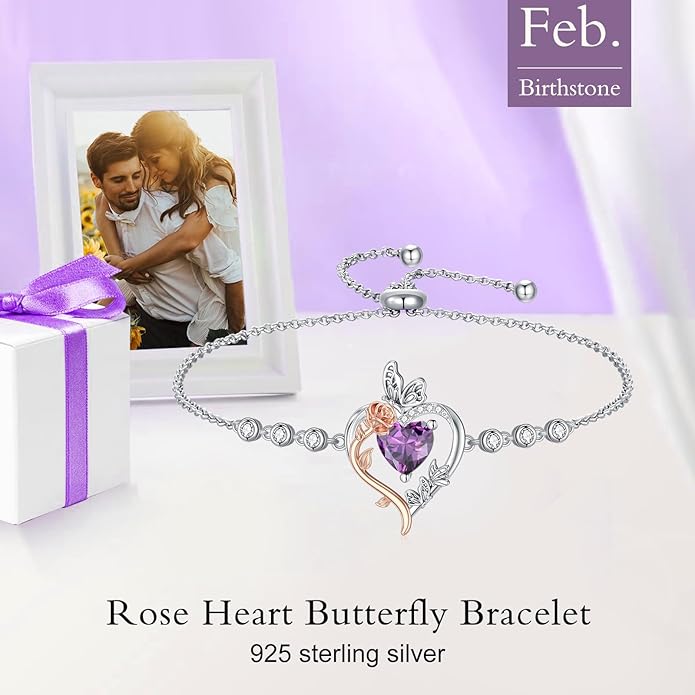 TOUPOP Rose Heart Birthstone Bracelet 925 Sterling Silver Butterfly Heart Bracelet Love Jewelry for Women Anniversary Valentines Day Birthday Gifts for Her Wife Mom