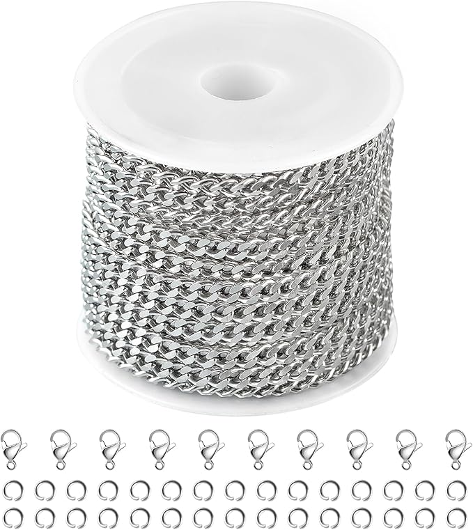 Kyutong Twist Curb Link Chain Bulk Silver Jewelry Making Chain Supplies 16.4 Feet Stainless Steel Chain Roll Making Craft DIY Bracelet Ankle with Lobster Clasps and Jump Rings
