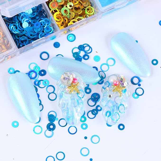 Circle Glitter Nail Art Sequins, 3D Hollow Circle Shape Glitters Flakes Designs, Holographic Laser Shiny Round Nail Supplies for Women Girls Manicure Charms Decorations DIY Resin Nail Art Tips