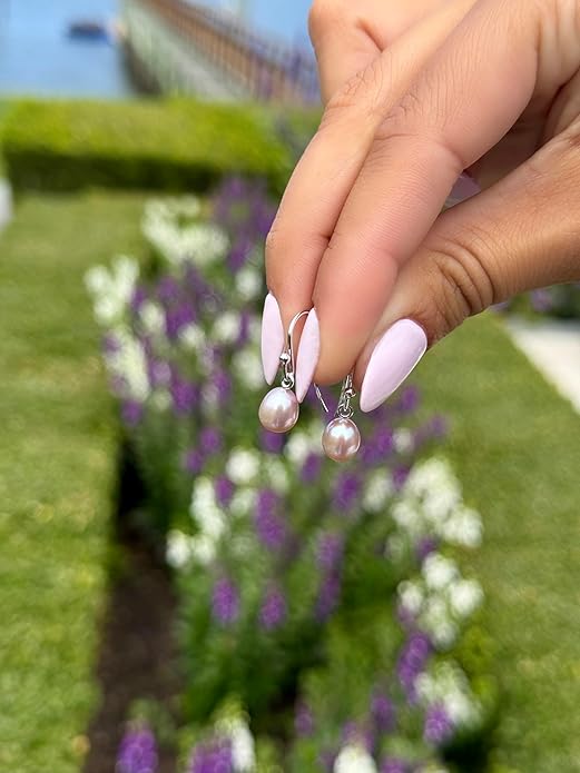 .925 Sterling Silver AAA Natural Pink Teardrop Shaped Freshwater Cultured Pearl French Wire Dangling Drop Earrings