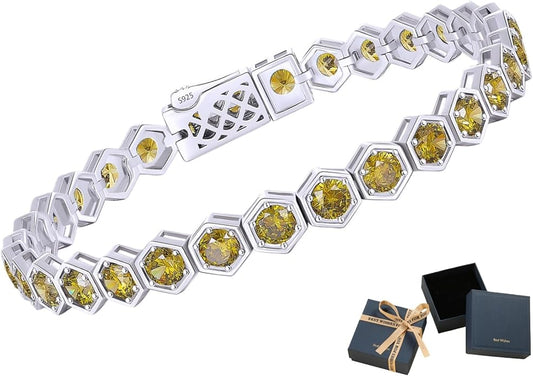 Birthstone Tennis Bracelets for Women Birthday Gifts 925 Sterling Silver Hexagon White Gold Bracelets Round Cut 5A Cubic Zirconia Prong Setting 7 Inch Anniversary Jewelry Gift