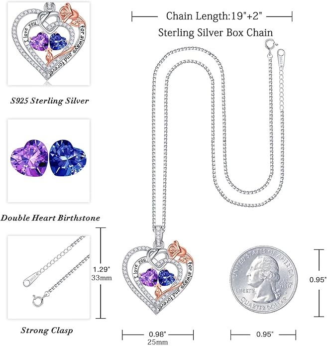 Iefil Valentines Day Gifts for Her Wife - 925 Sterling Silver Double Birthstone Necklace, Anniversary Birthday Gifts for Women, Jewelry Gift for Wife Girlfriend Mom Her