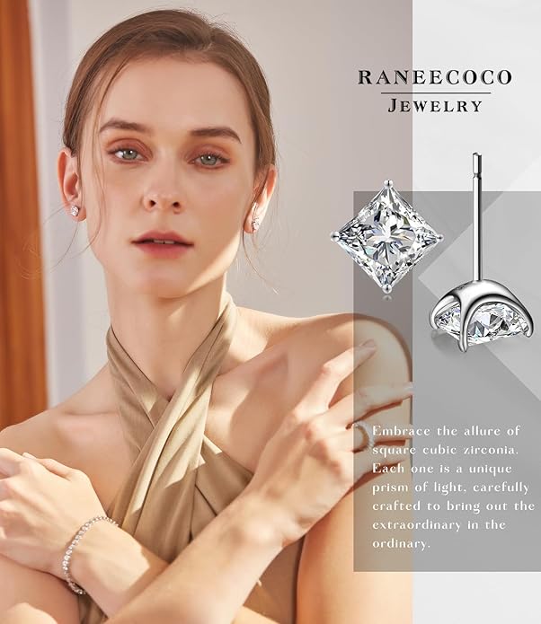 ”STUNNING FLAME“ 18K Gold Plated Sterling Silver Princess Cut Cubic Zirconia Stud Earrings for men women