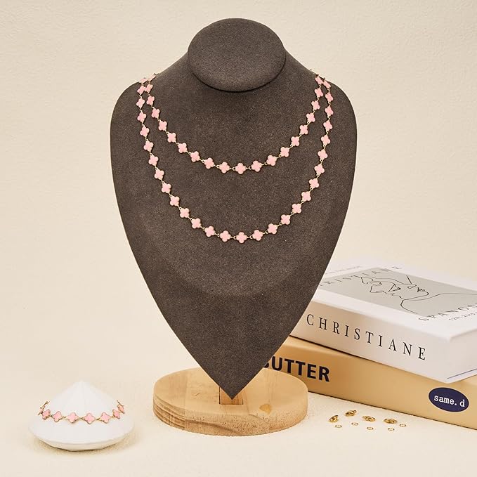 GTVOODX 8mm Pink Enamel Clover Chain Roll Gold Filled 3 Meters Stainless Steel Handmade Link Chains Spool Bulk for Women Jewelry Making with Lobster Clasps Jump Rings