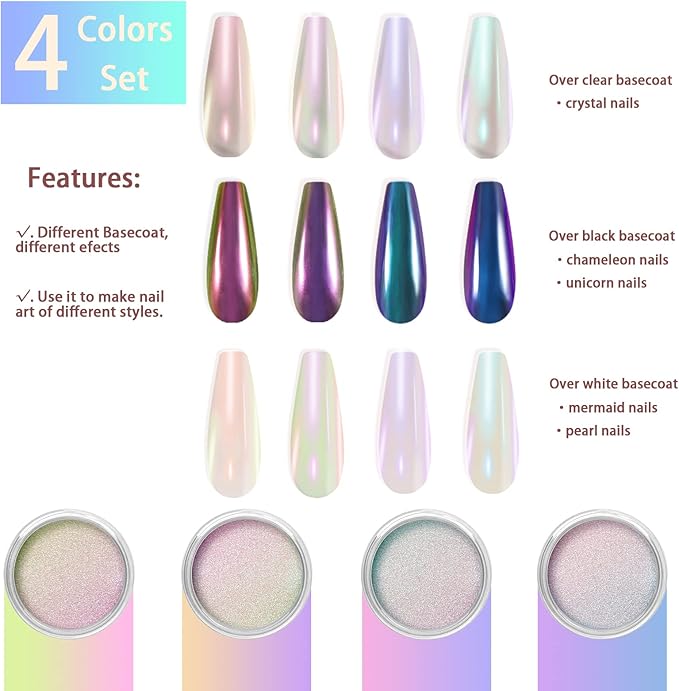 Allstarry White Chrome Nail Powder, 4 PCS Color-Shift Chameleon Mica Powder Pearlescent Pearl Pigment Aurora Chrome Effect Glitter Dust Iridescent for Gel Polish Nail Art Decoration, Resin Craft