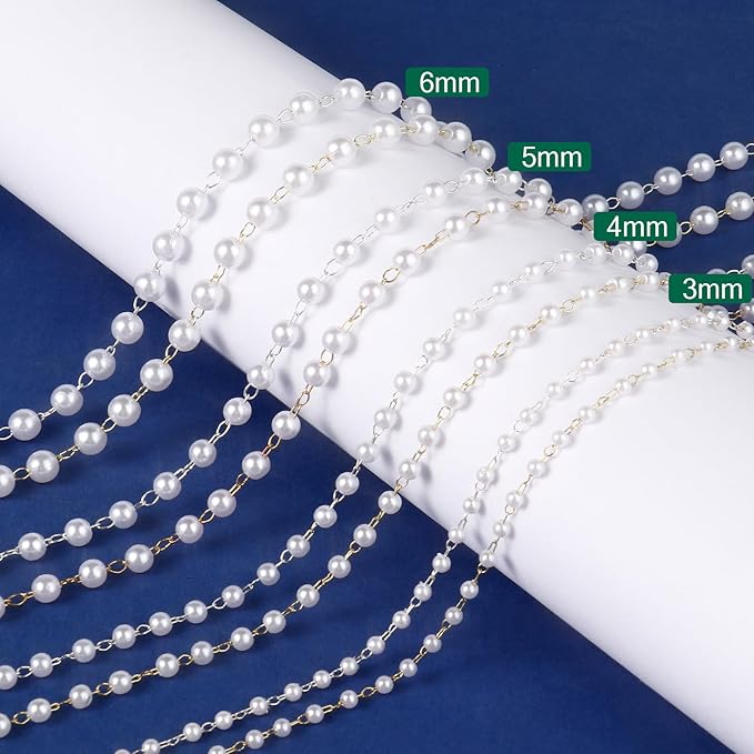 [33 FT] Silver Plated Pearl Beads Chain Bulk for Jewelry Making, 5mm Pearls Beaded Brass Oval Link Chains Roll Spool for DIY Craft Jewelry Making