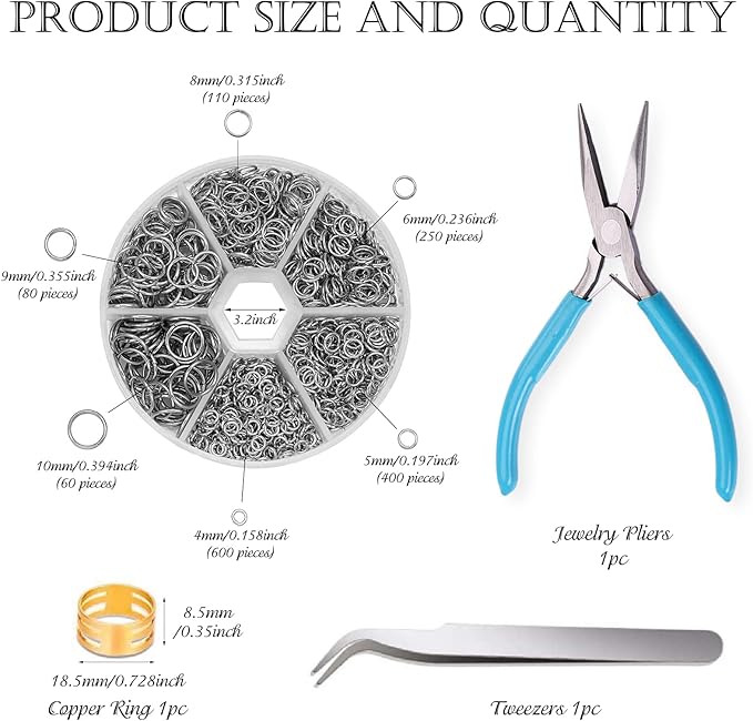 ZYNERY 1500pcs 304 Stainless Steel Open Jump Rings with Jewelry Rings and Tweezers and Jewelry Pliers for Jewelry Making Supplies, Fix, Wire Wrapping, Crafts