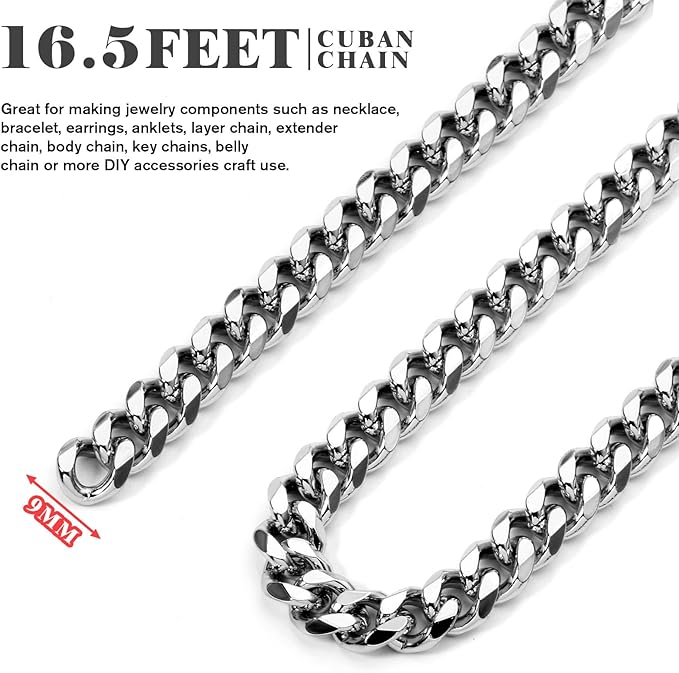 16.5 Feet Stainless Steel Cuban Chains Roll, 9mm Width Chunky Curb Link Chains Spool Bulk for Jewelry Meking
