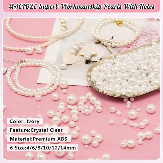 2505Pcs Pearls for Crafting, 6 Size Ivory Pearls with Holes for Jewelry Making, Bulk Fake Pearl Beads for Vase Filler Decoration, Candles Centerpiece, DIY Crafts Necklace Bracelets (4/6/8/10/12/14mm)