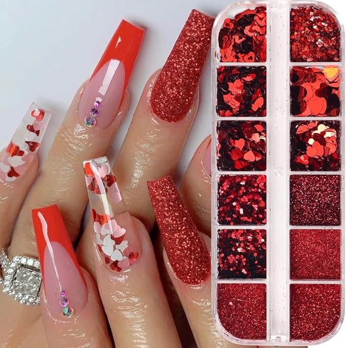 Valentines Holographic Nail Glitter Foils, 12Grid Red Sparkly Foil Nail Art Flakes Design, Laser Heart Nail Sequins Acrylic Supplies for Women Girls Manicure Charms Decor, DIY 3D Nail Art Tips