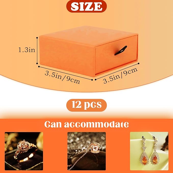 Coobbar Luxury Velvet-Lined Jewelry Gift Box 12-Pack, Compact Drawer Style Organizer for Earrings & Rings, Elegant Bracelet Display Box, Small Jewelry Storage Box, 3.5x3.5x1.26 Inches (Orange)