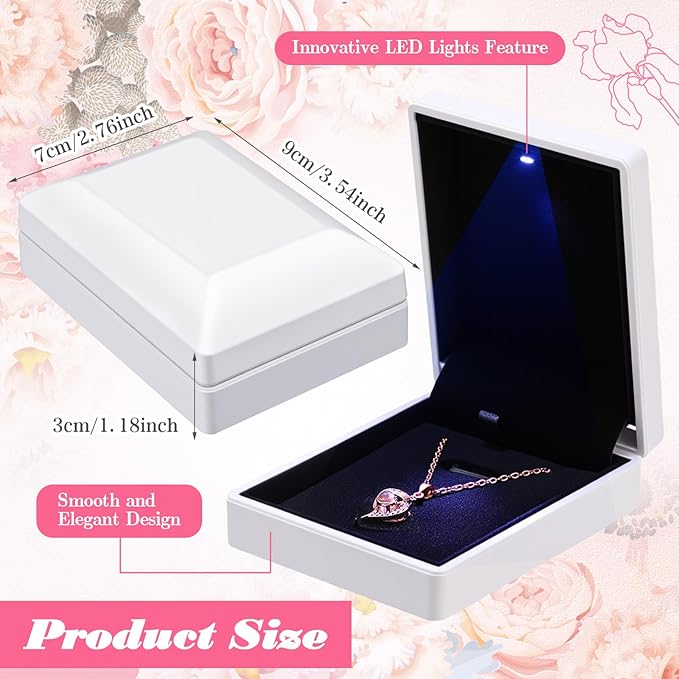 Landical 10 Pcs Pendant Necklace Box with LED Light Velvet Necklace Case for Pendant Bracelet Ring Earring, Jewelry Storage(White)