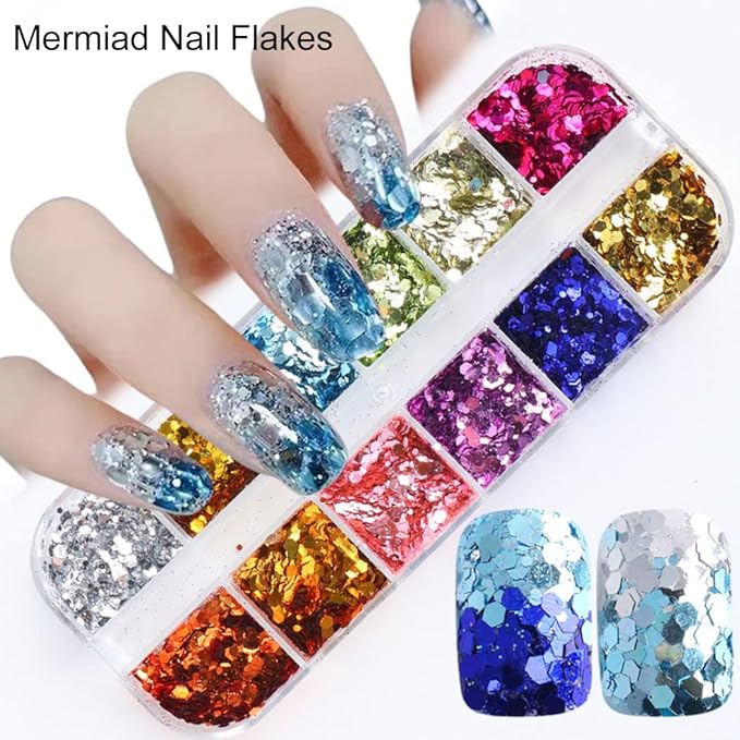 UARUOGP 2 Boxes 24 Colors Chameleon Holographic Glitter Mermaid Nail Art Sequins 3D Flakes Laser Gradient Nail Glitter Design Shiny Glitters Powder Accessories for Women Manicure DIY Decorations