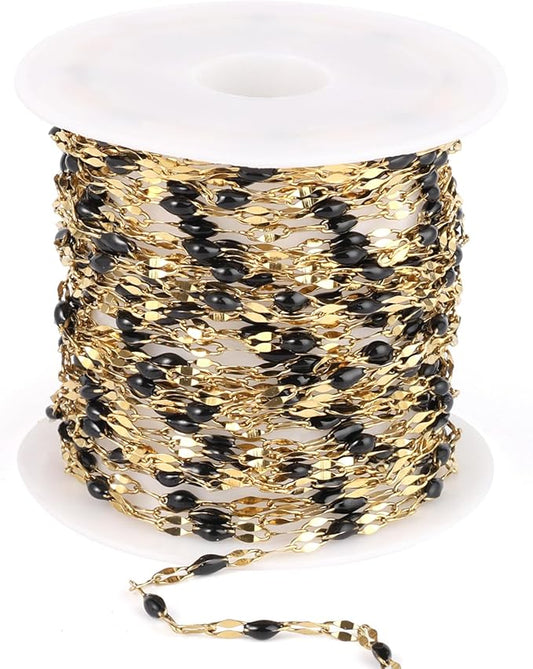 16.5FT Gold Black Enamel Dapped Chain Roll, 2MM 18K Gold PVD Plated Stainless Steel Enalem Lip Link Chains Spool Bulk for DIY Jewelry Making