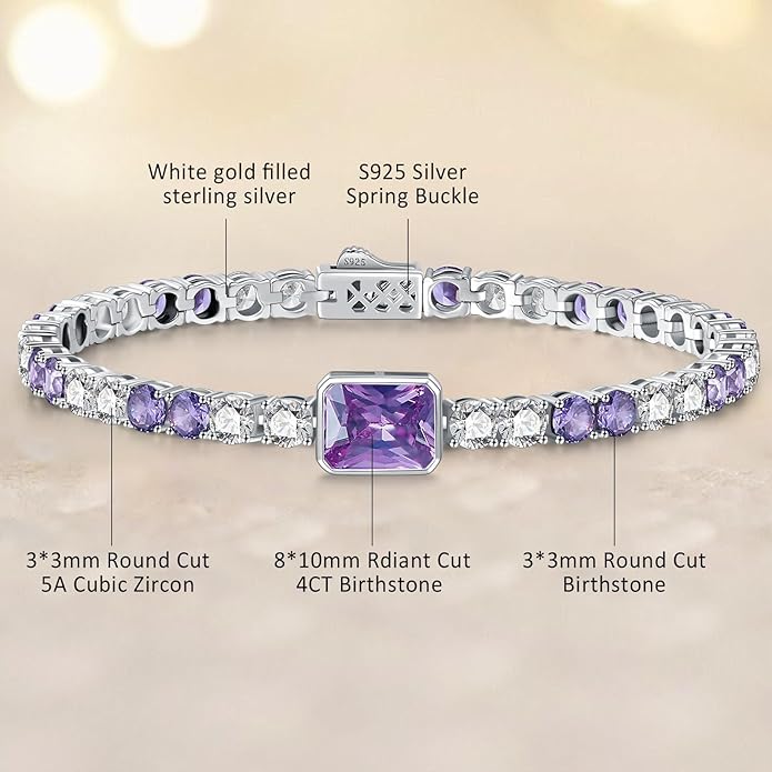 Birthstone Bracelets for Women Birthday Gifts 4CT Radiant Cut Birthstone 4mm Sterling Silver White Gold Tennis Bracelets for Women Round Cut 5A Cubic Zirconia Bezel Setting 7 Inch