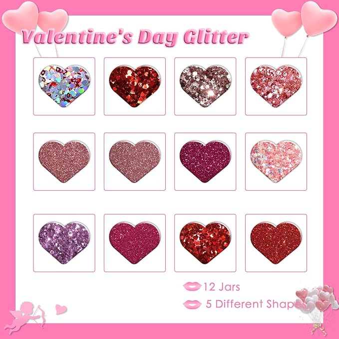 Laza 12 Colors Nail Art Glitter for Valentine’s Day Nail Stickers Chunky Red Glitter Powder Fairy Dust Pink Nail Charms Sparkle Confetti Sequins Foil Flakes for Nails, Makeup, Resin — Glittery Love