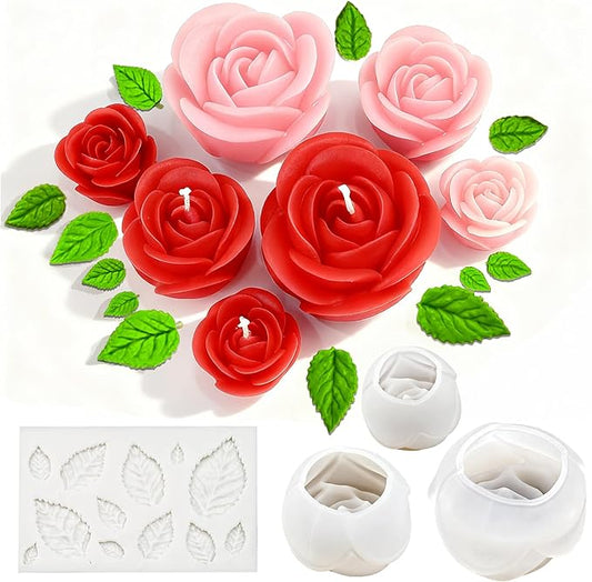 Rose Candle Molds, 4 PCS Rose Silicone Molds Sets of Large, Medium, Small with Leaf Mold for Candle Making, Flower Handmade Wax Soap Making, Epoxy Resin Casting, Home Decorate Gift
