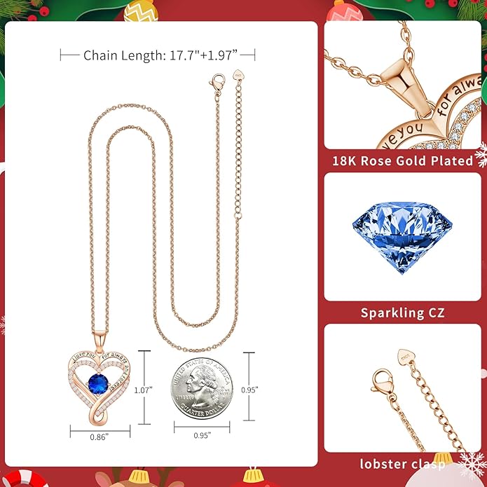 Infinity Love Heart Birthstone Necklace for Women Wife, S925 Sterling Silver Anniversary for Women Wife Birthday Gift for Her Girlfriend Mom Daughters, I Love You Women's Jewelry 18k Rose Gold Filled