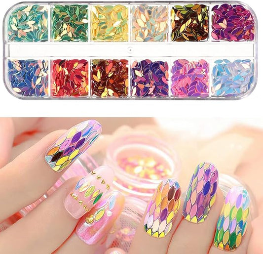 12 Colors Leaf Nail Art Glitter Sequins, Holographic 3D Leaves Nail Art Flakes Designs, Laser Leaf Glitter Acrylic Nails Supplies for Women Girls Manicure Sparkly Decorations, DIY Shiny Crafts